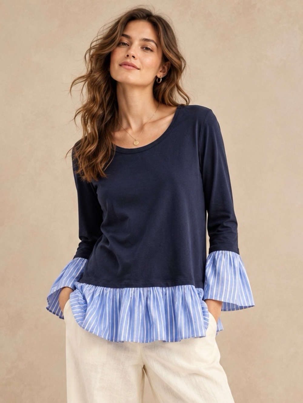 🌺 Clu Too Navy Mixed-Media Ruffle-Hem Top